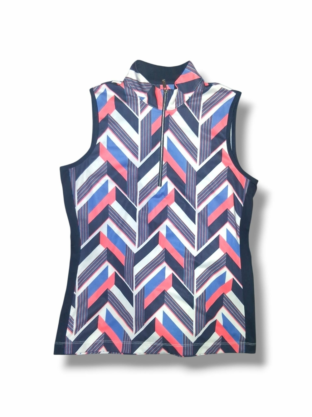 TAIL White Label Sleeveless Golf Polo | Medium | Navy & White Chevron Geometric